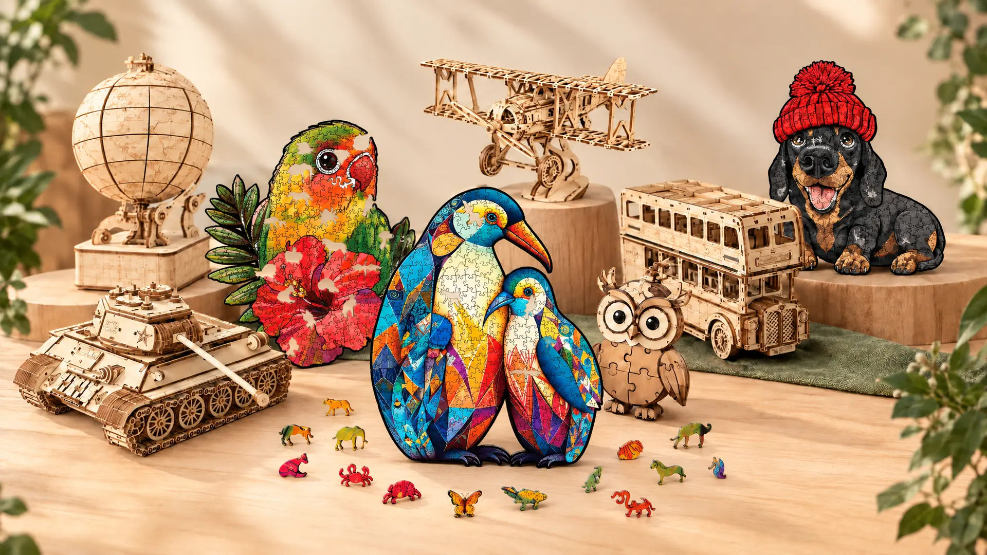 Drevené puzzle zvieratiek a drevené 3D stavebnice na stole: tučniaky, papagáj, jazvečík, glóbus, lietadlo, autobus a tank