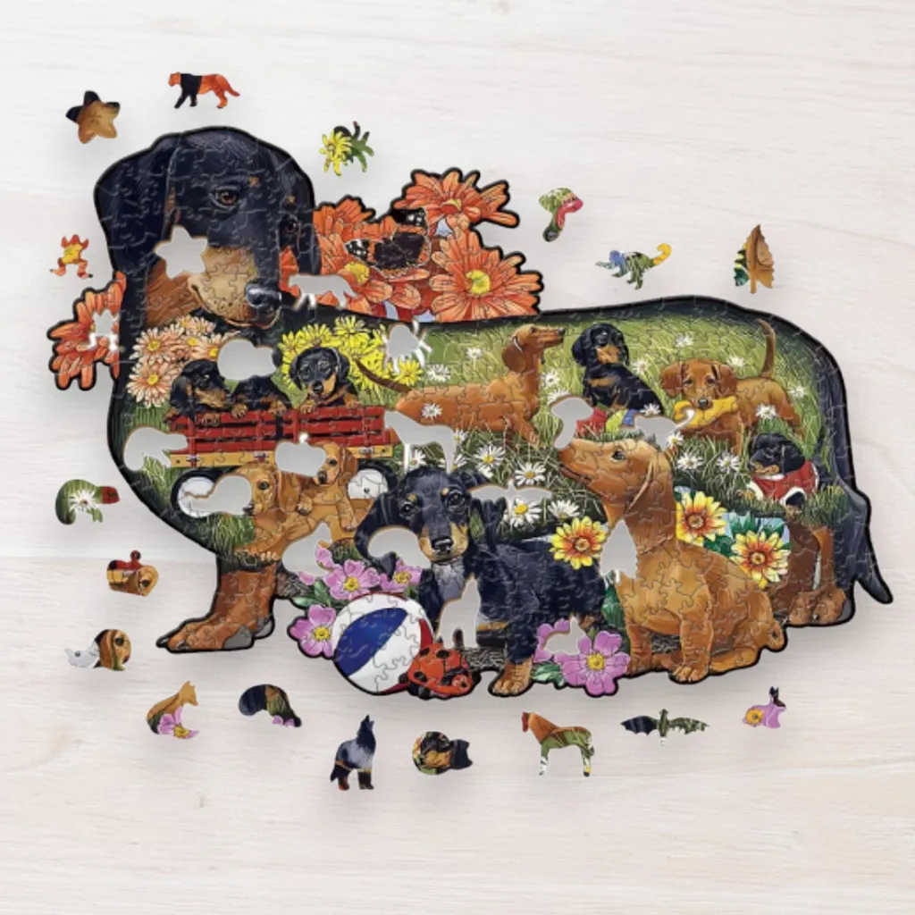 Drevené puzzle Jazvečík so šteniatkami