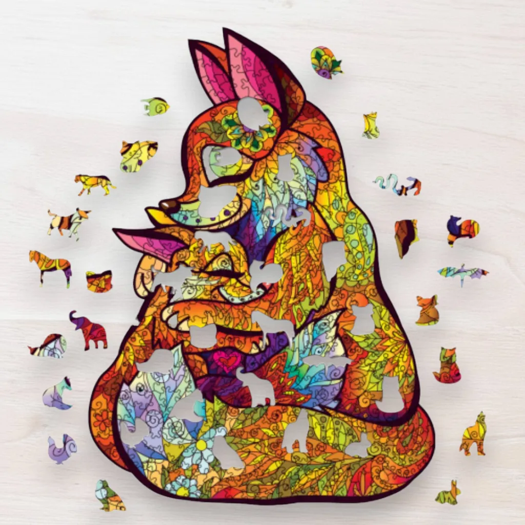 Drevené puzzle Líška s líščaťom