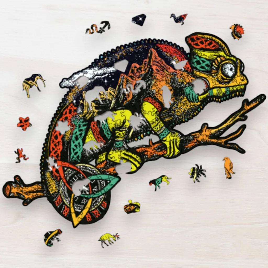Drevené puzzle Pestrofarebný chameleón